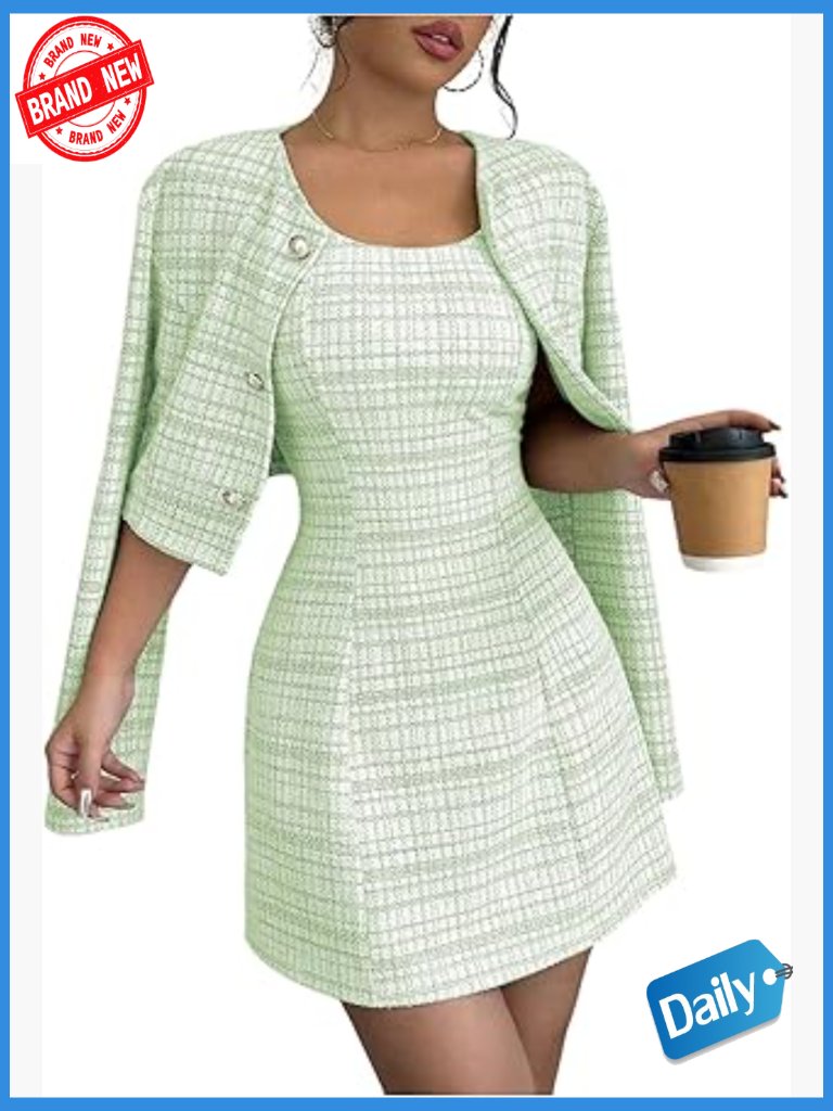 2 Piece Plaid Jacket & Mini Dress Set - Cropped Button Down Long Sleeve Jacket